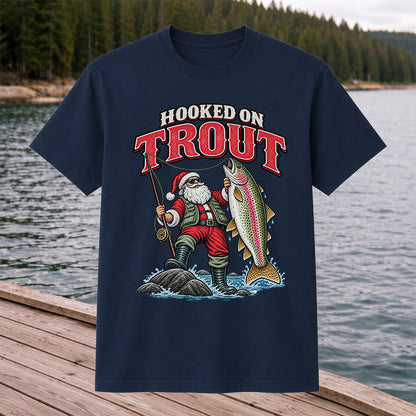 Hooked on Trout Santa Claus Rainbow Trout Christmas Fishing T-Shirt