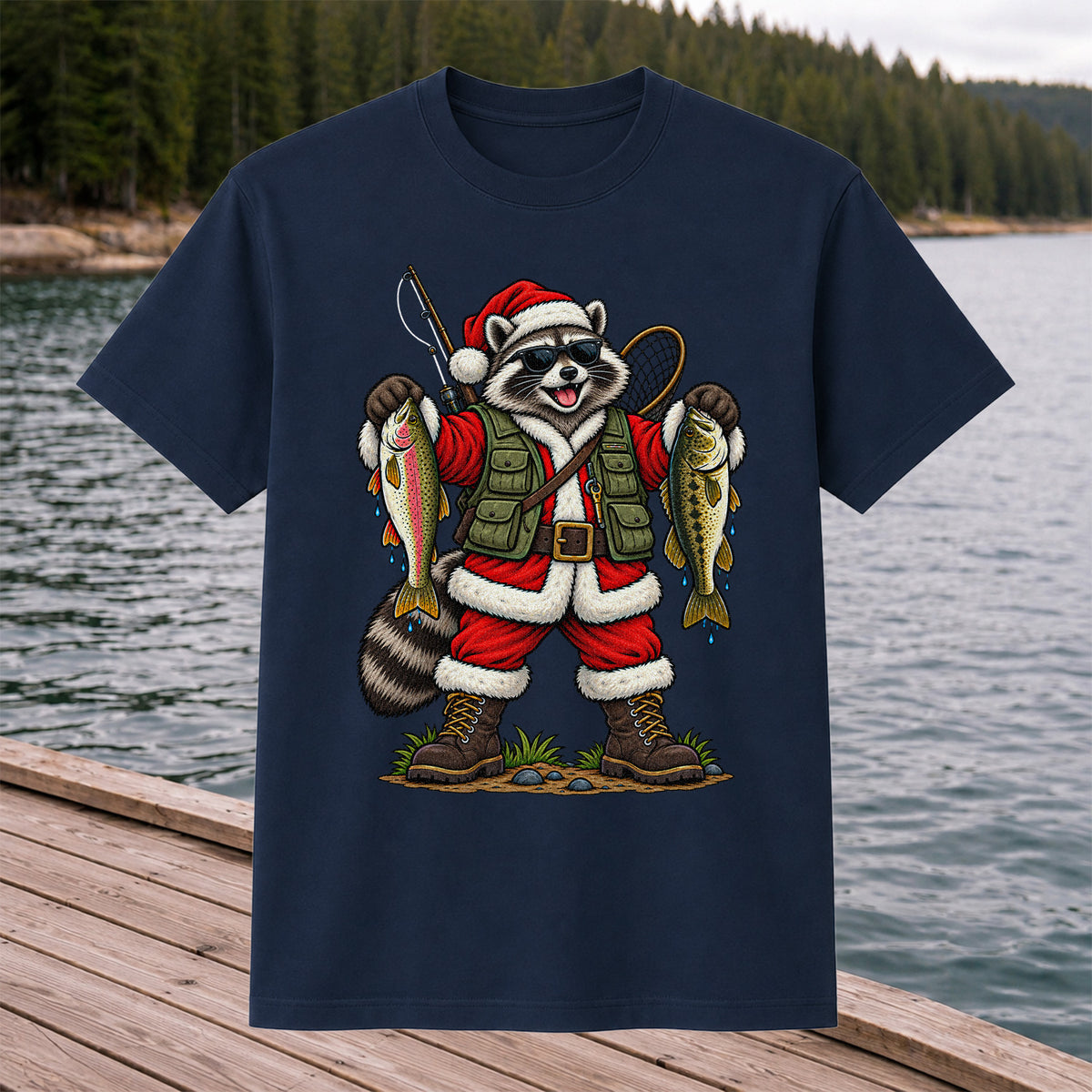 Santa Raccoon Holding Trout and Bass Christmas Fishing T-Shirt