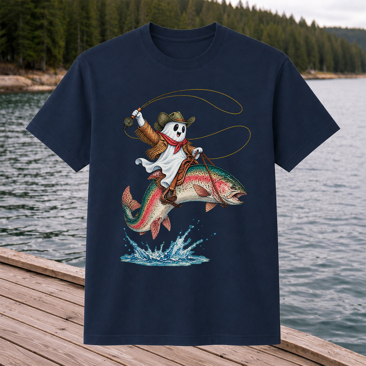 Ghost Cowboy Riding a Rainbow Trout Halloween Fishing T-Shirt