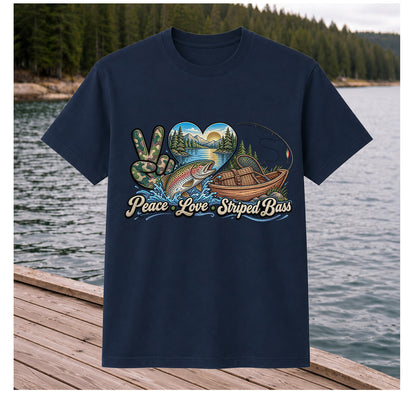 Peace Love Striped Bass Lake and Boat Fishing Graphic T-Shirt