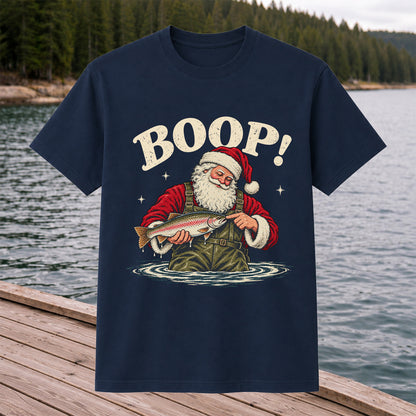 Boop Santa Holding Trout Funny Christmas Fishing T-Shirt