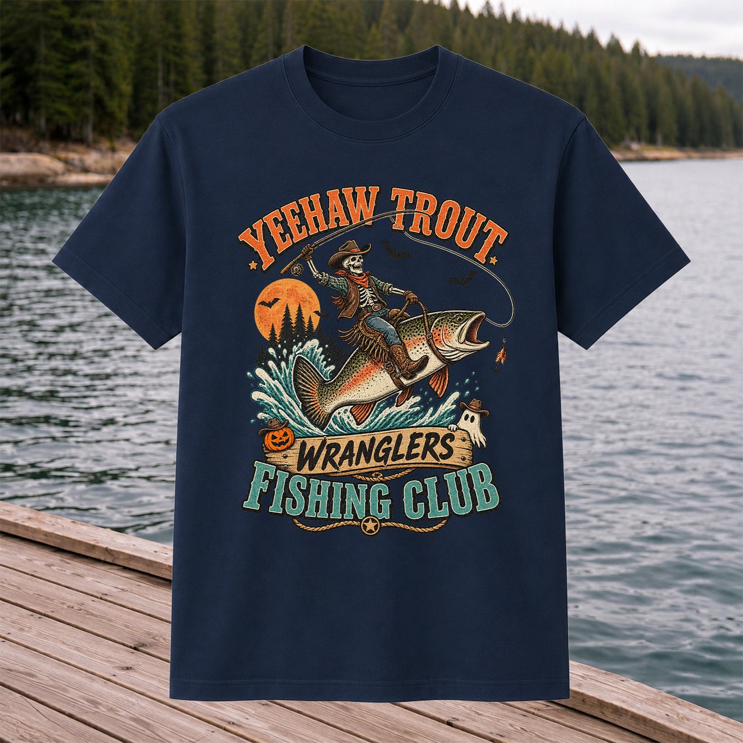 Yeehaw Trout Wranglers Fishing Club Halloween Skeleton Cowboy T-Shirt