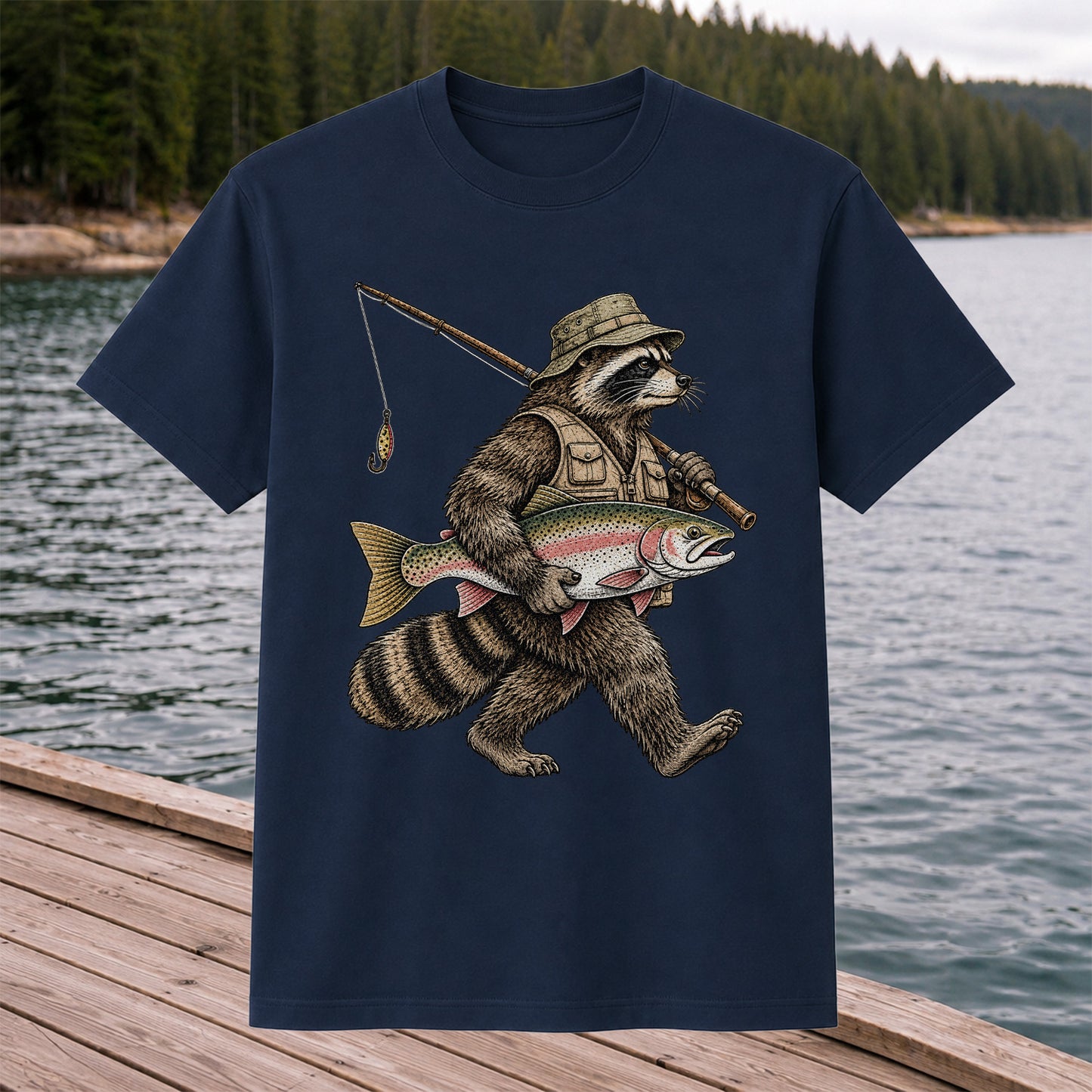 Raccoon Angler Holding Rainbow Trout Fishing Graphic T-Shirt