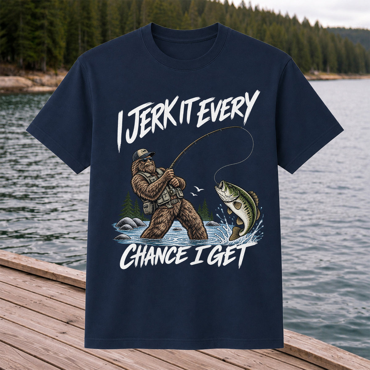 Jerk It Every Chance I Get Bigfoot Fishing Graphic T-Shirt