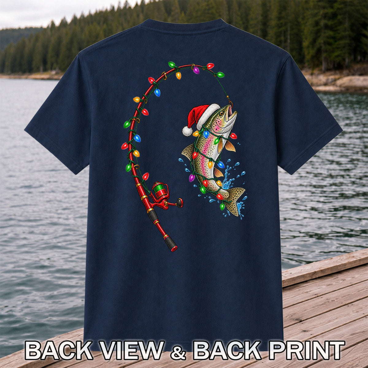 Christmas Rainbow Trout with Santa Hat and Lights Fishing T-Shirt | Back Print