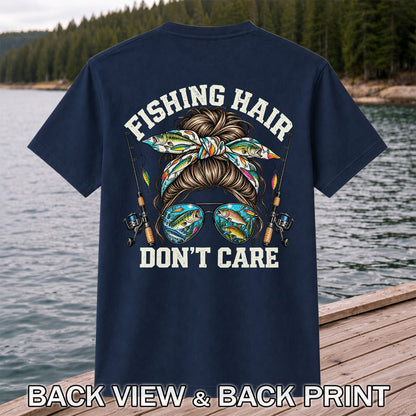Fishing Hair Don't Care Messy Bun and Sunglasses T-Shirt | Back Print