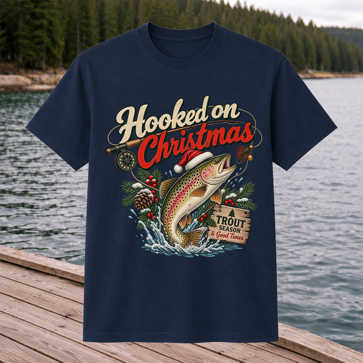 Hooked on Christmas Rainbow Trout in Santa Hat Fishing T-Shirt
