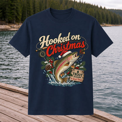 Hooked on Christmas Rainbow Trout in Santa Hat Fishing T-Shirt