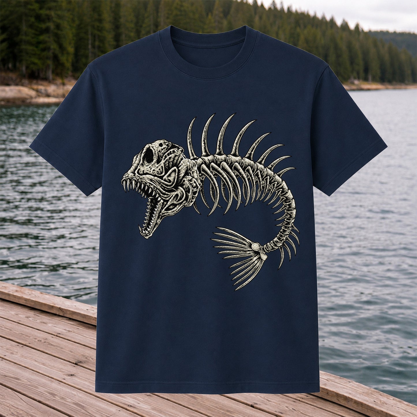 Gothic Fish Skeleton Fishing Graphic T-Shirt
