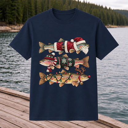 Christmas Trout Fishing Graphic T-Shirt with Festive Fish Artwork