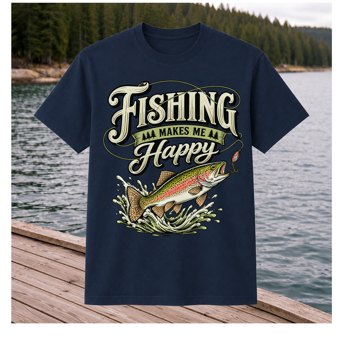 Fishing Makes Me Happy Rainbow Trout Vintage Graphic T-Shirt