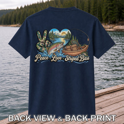 Peace Love Striped Bass Lake and Boat Fishing Graphic T-Shirt | Back Print