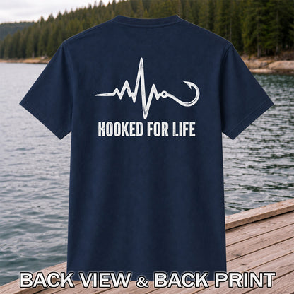 Hooked for Life Fishing Hook Heartbeat Graphic T-Shirt | Back Print