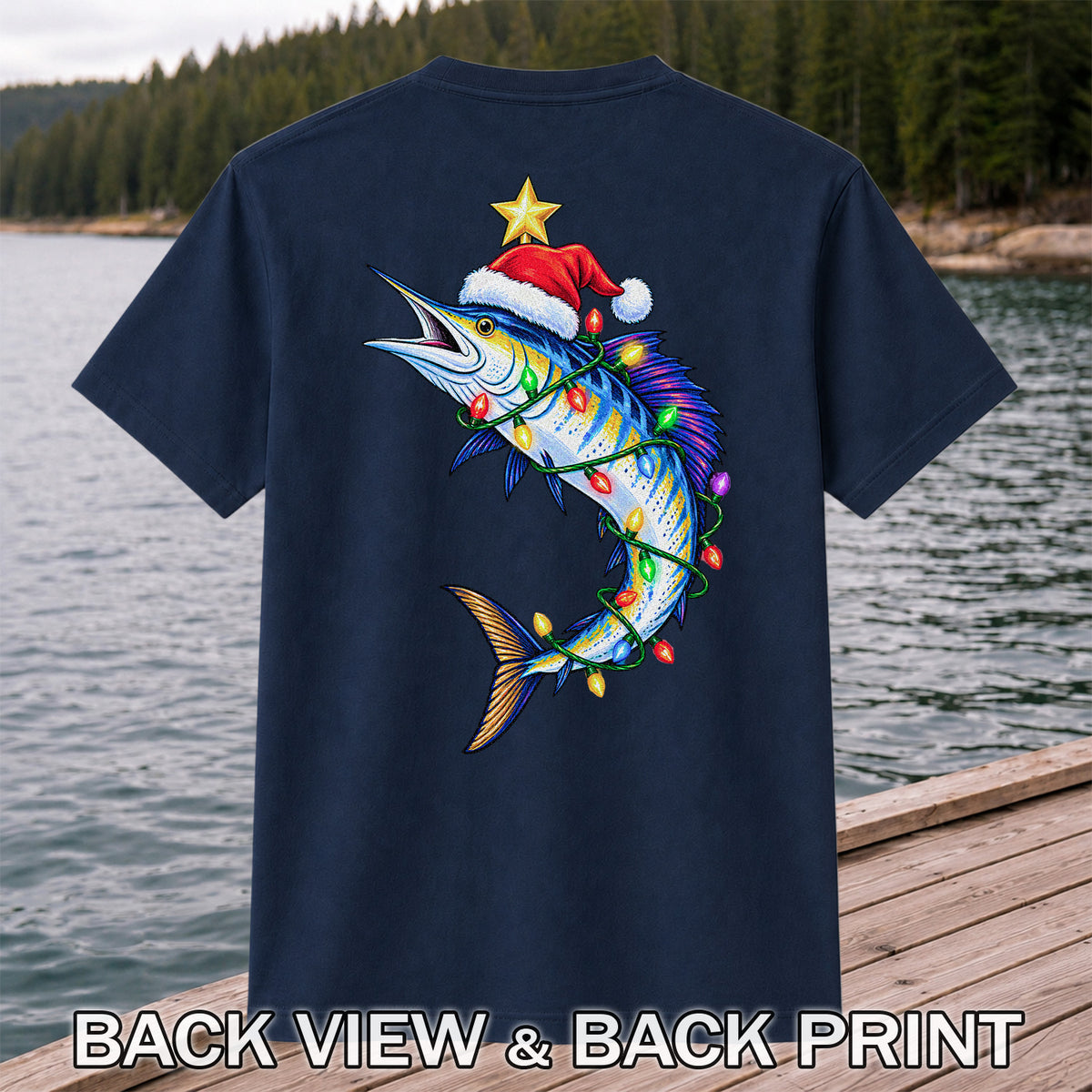 Christmas Marlin Wrapped in Lights Fishing T-Shirt | Back Print