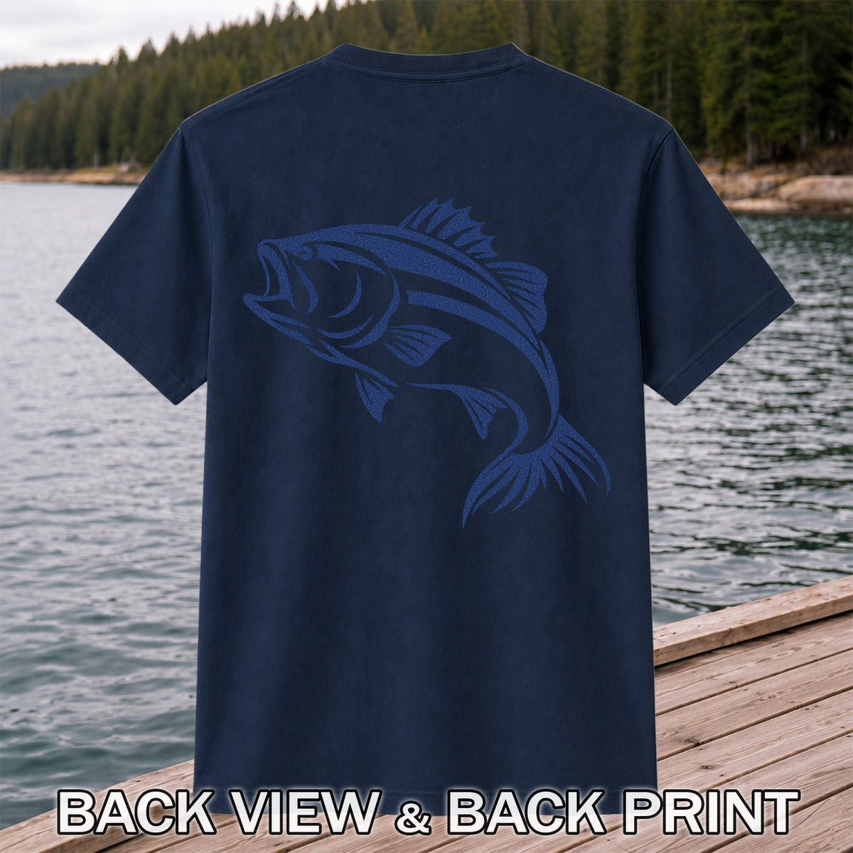 Blue Bass Fishing Line Art Graphic T-Shirt | Back Print