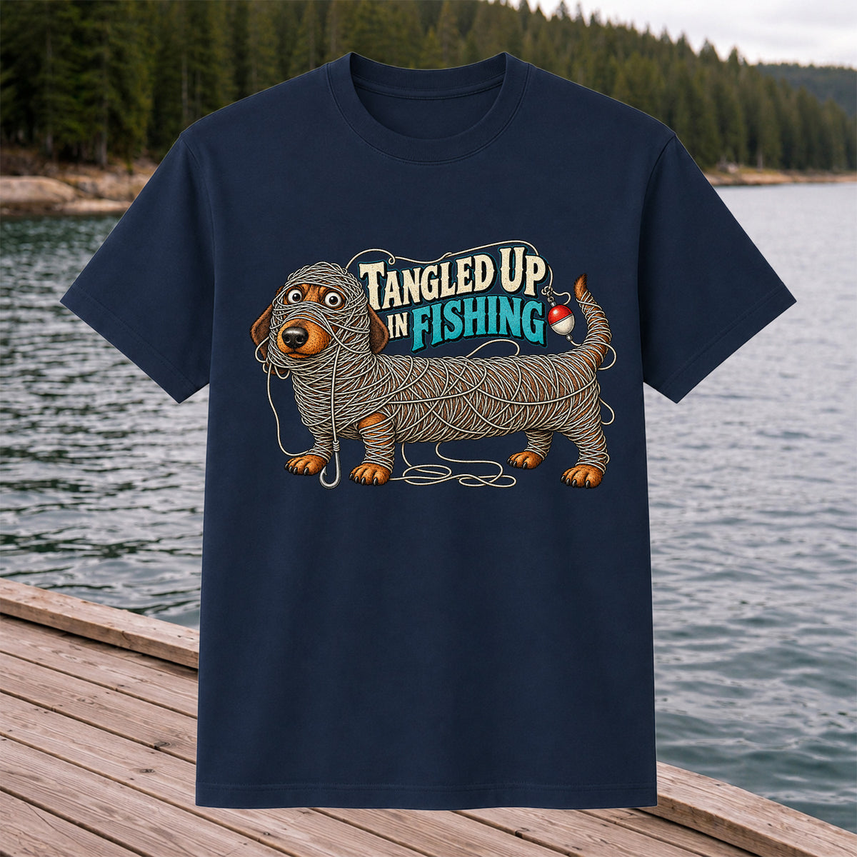 Tangled Up in Fishing Funny Dachshund Dog Graphic T-Shirt
