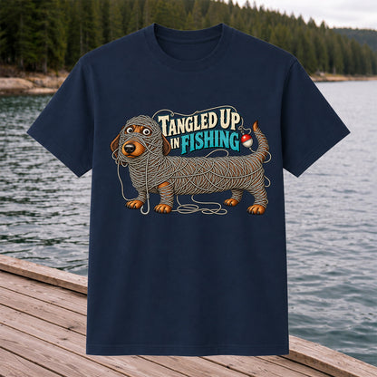 Tangled Up in Fishing Funny Dachshund Dog Graphic T-Shirt