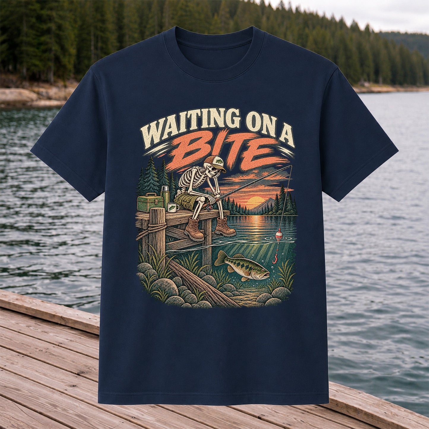 Waiting on a Bite Skeleton Bass Fishing Graphic T-Shirt