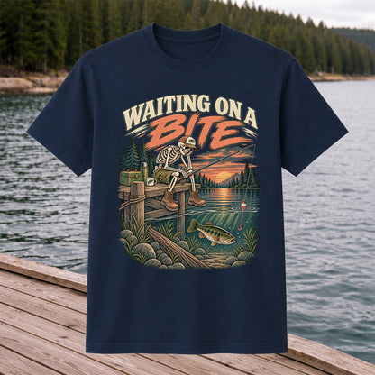 Waiting on a Bite Skeleton Bass Fishing Graphic T-Shirt