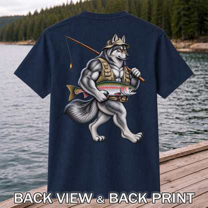 Wolf Angler Holding Rainbow Trout Fishing Graphic T-Shirt | Back Print