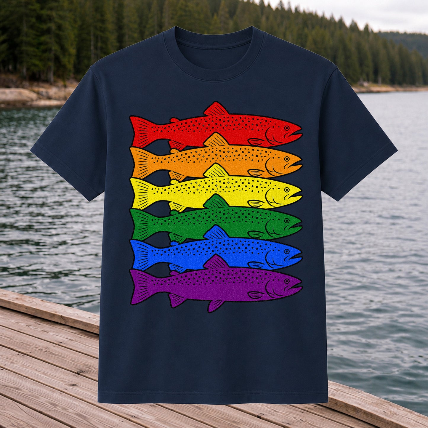 Rainbow Colored Trout Stack Fishing Graphic T-Shirt
