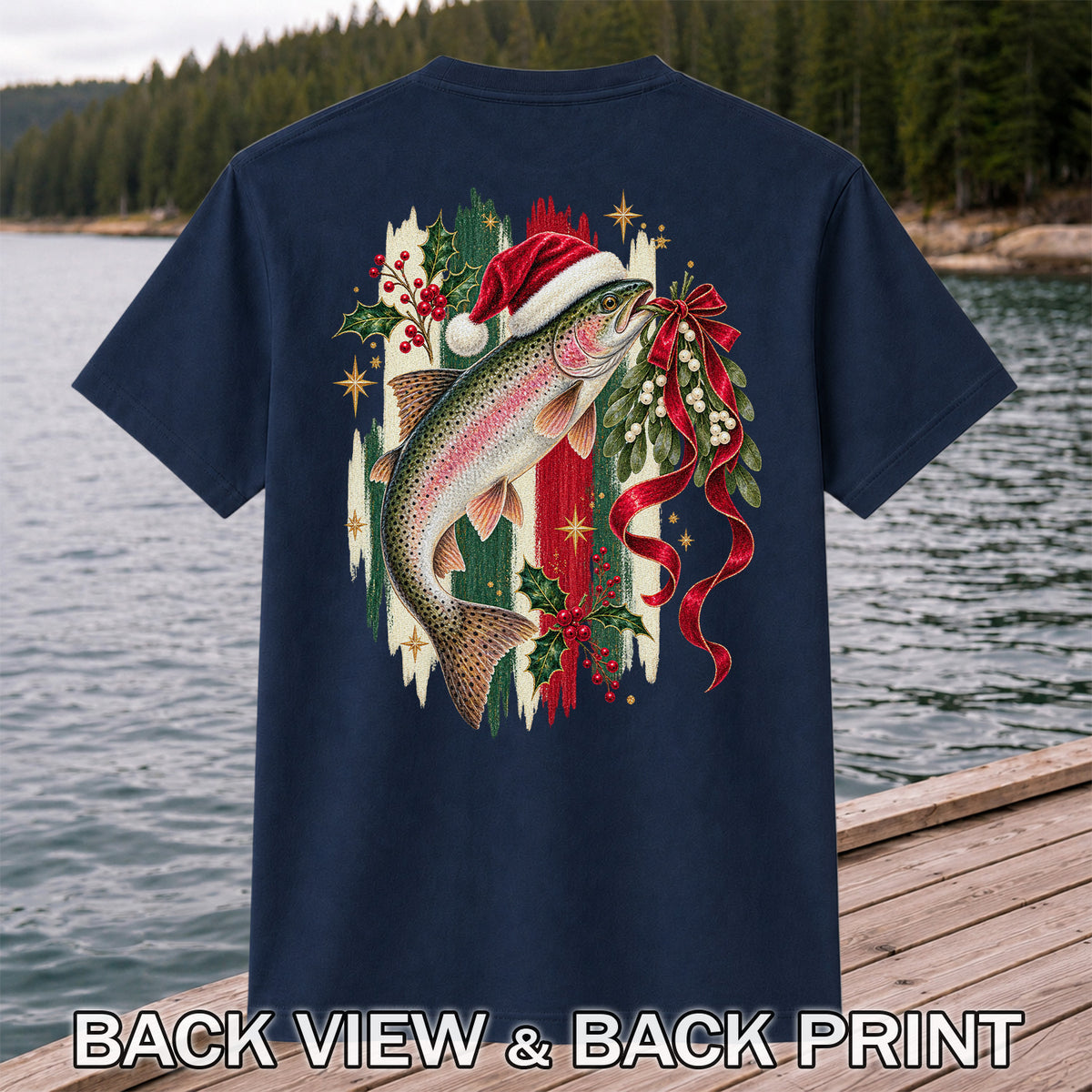 Christmas Santa Hat Rainbow Trout Fishing Graphic T-Shirt | Back Print