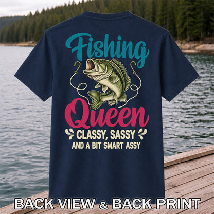Fishing Queen Bass Funny Fishing Graphic T-Shirt | Back Print