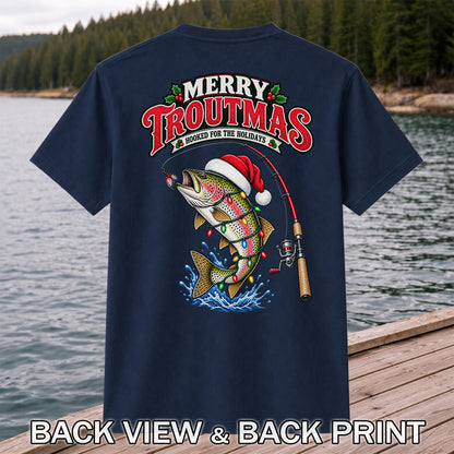 Merry Troutmas Hooked for the Holidays Rainbow Trout Christmas Fishing T-Shirt | Back Print