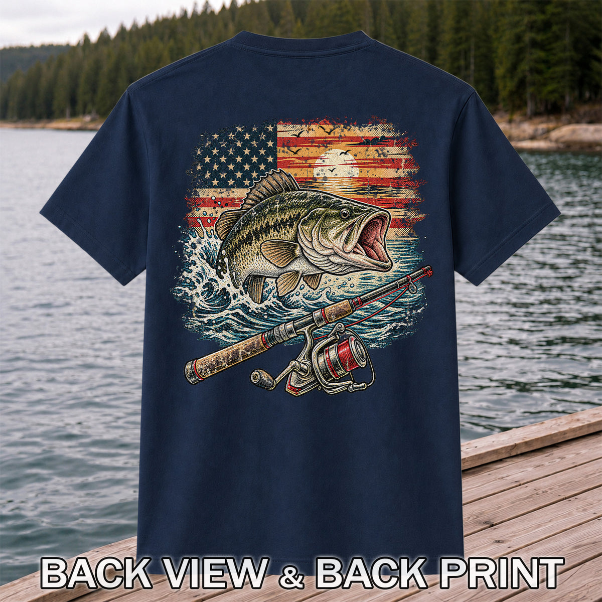 American Flag Largemouth Bass Fishing Graphic T-Shirt | Back Print