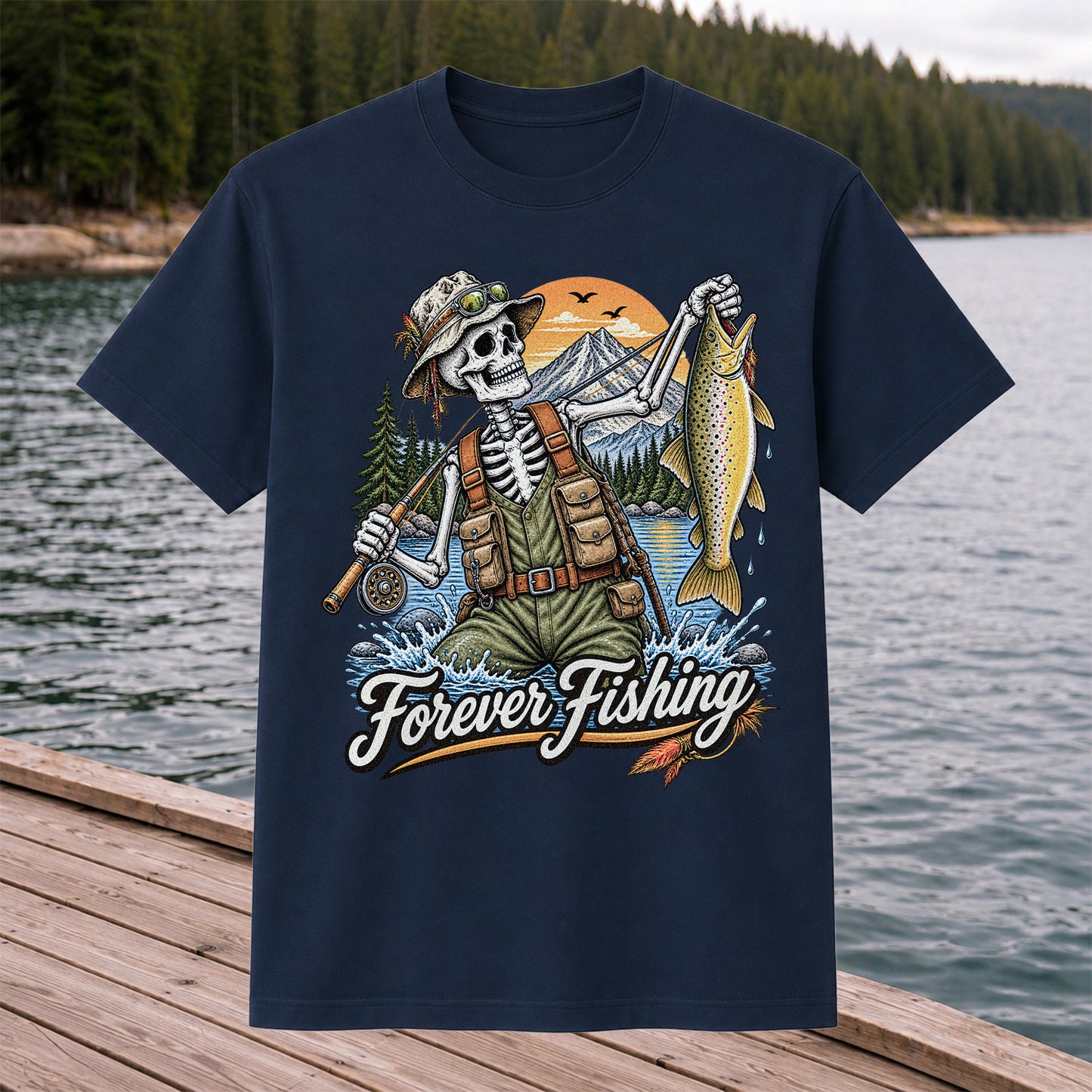 Forever Fishing Skeleton Angler Holding Brown Trout Graphic T-Shirt
