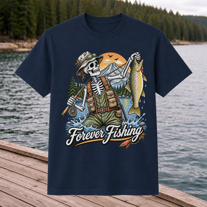Forever Fishing Skeleton Angler Holding Brown Trout Graphic T-Shirt