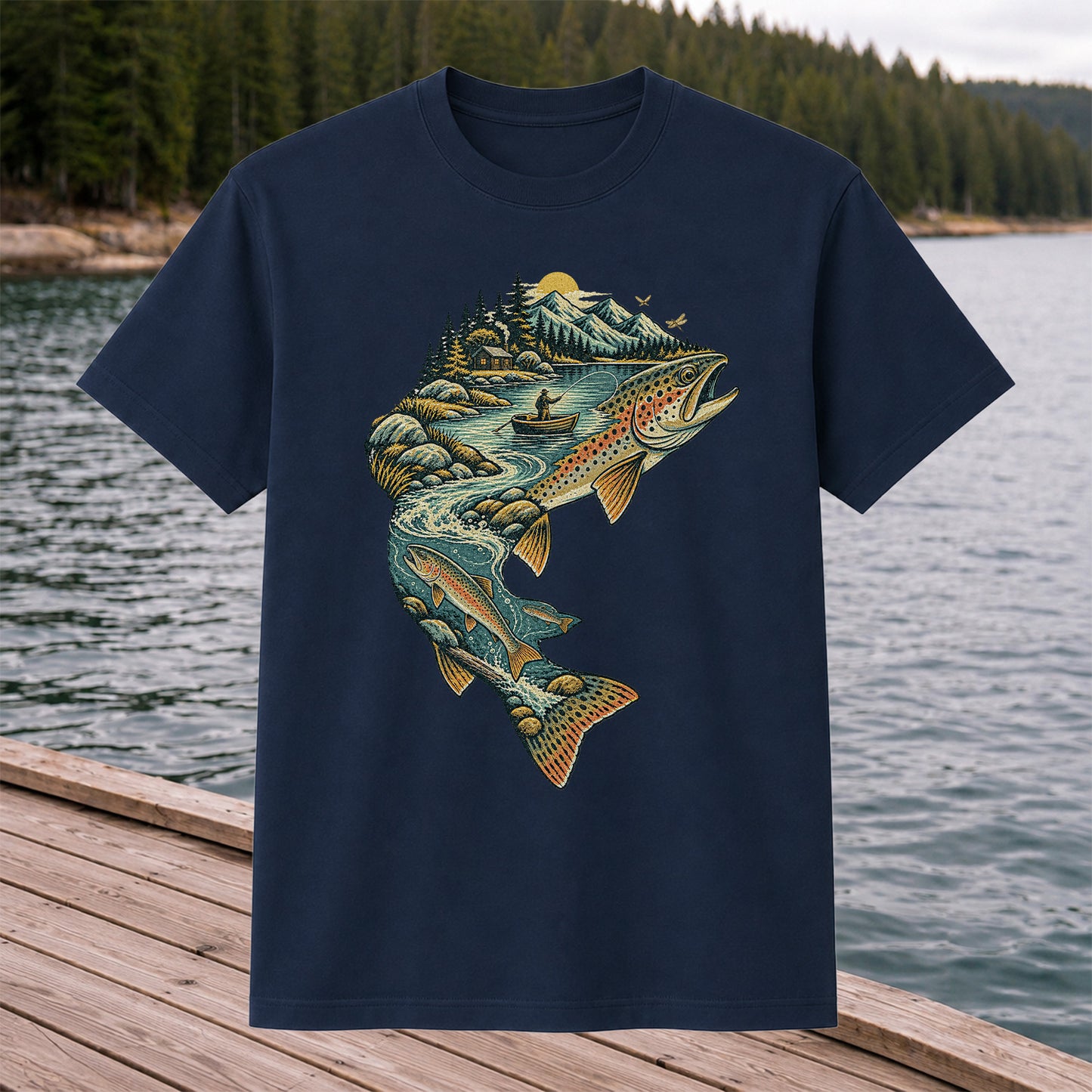 Vintage Brown Trout Mountain River Fly Fishing Graphic T-Shirt