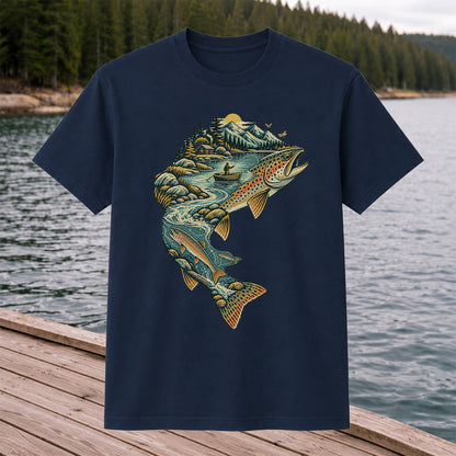 Vintage Brown Trout Mountain River Fly Fishing Graphic T-Shirt
