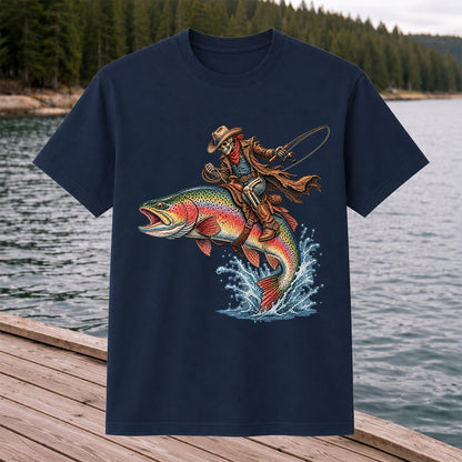 Skeleton Cowboy Riding a Rainbow Trout Fishing Graphic T-Shirt