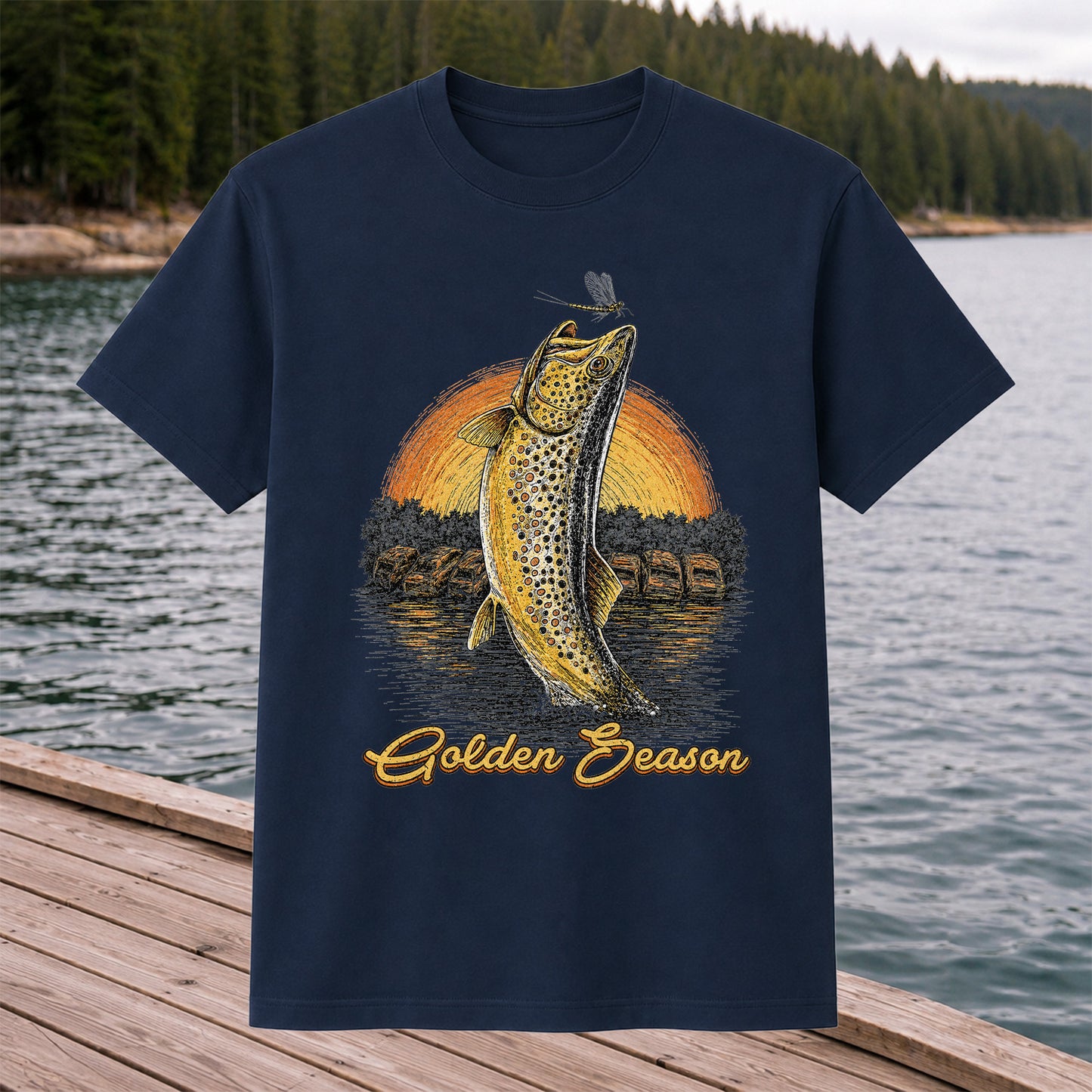 Golden Season Jumping Trout Sunset Fishing Graphic T-Shirt