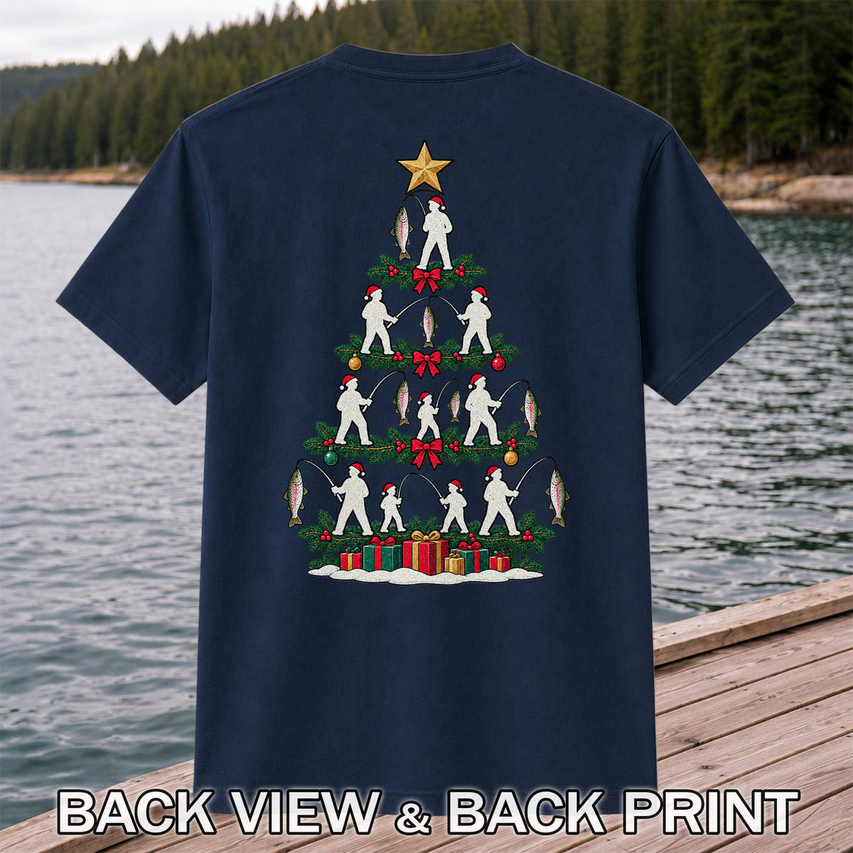 Christmas Tree with Anglers and Rainbow Trout Fishing Graphic T-Shirt | Back Print
