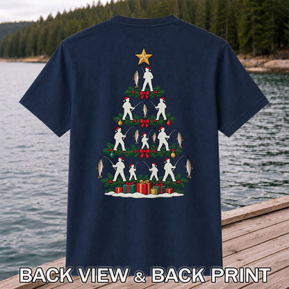 Christmas Tree with Anglers and Rainbow Trout Fishing Graphic T-Shirt | Back Print
