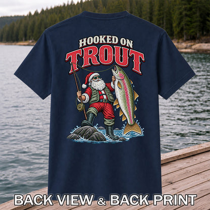 Hooked on Trout Santa Claus Rainbow Trout Christmas Fishing T-Shirt | Back Print