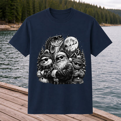 Santa Snowman Gingerbread and Bass Christmas Fishing T-Shirt