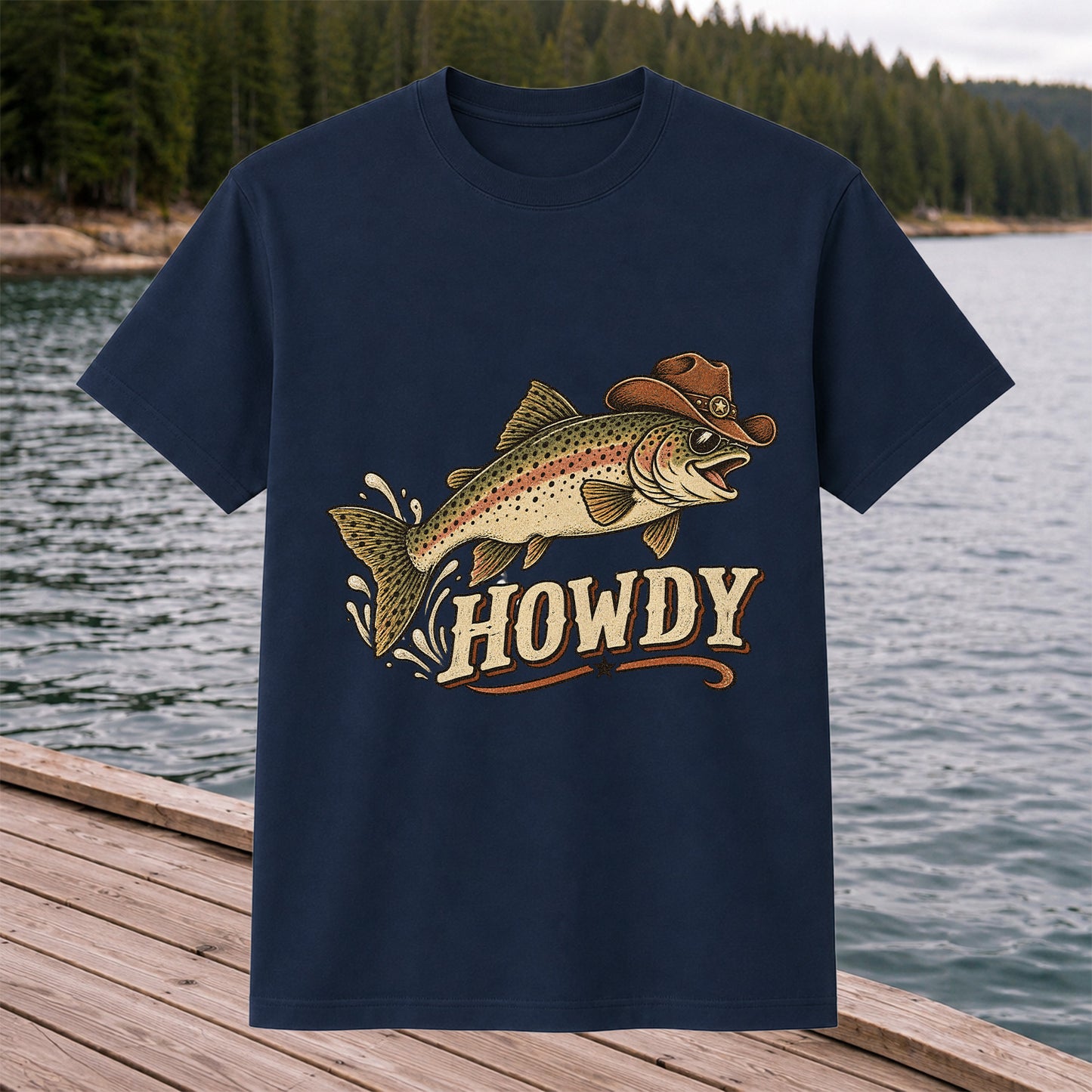 Howdy Cowboy Trout Vintage Fishing Graphic T-Shirt