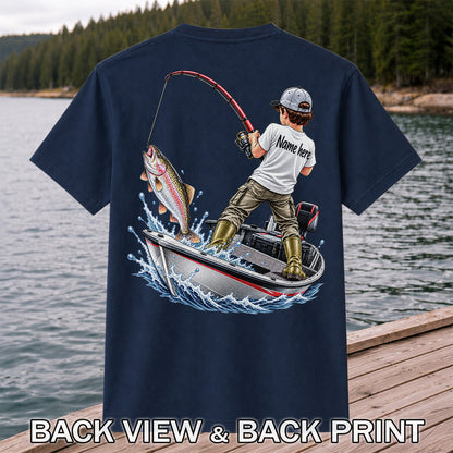 Personalized Boy Fishing Boat and Rainbow Trout Graphic T-Shirt | Back Print