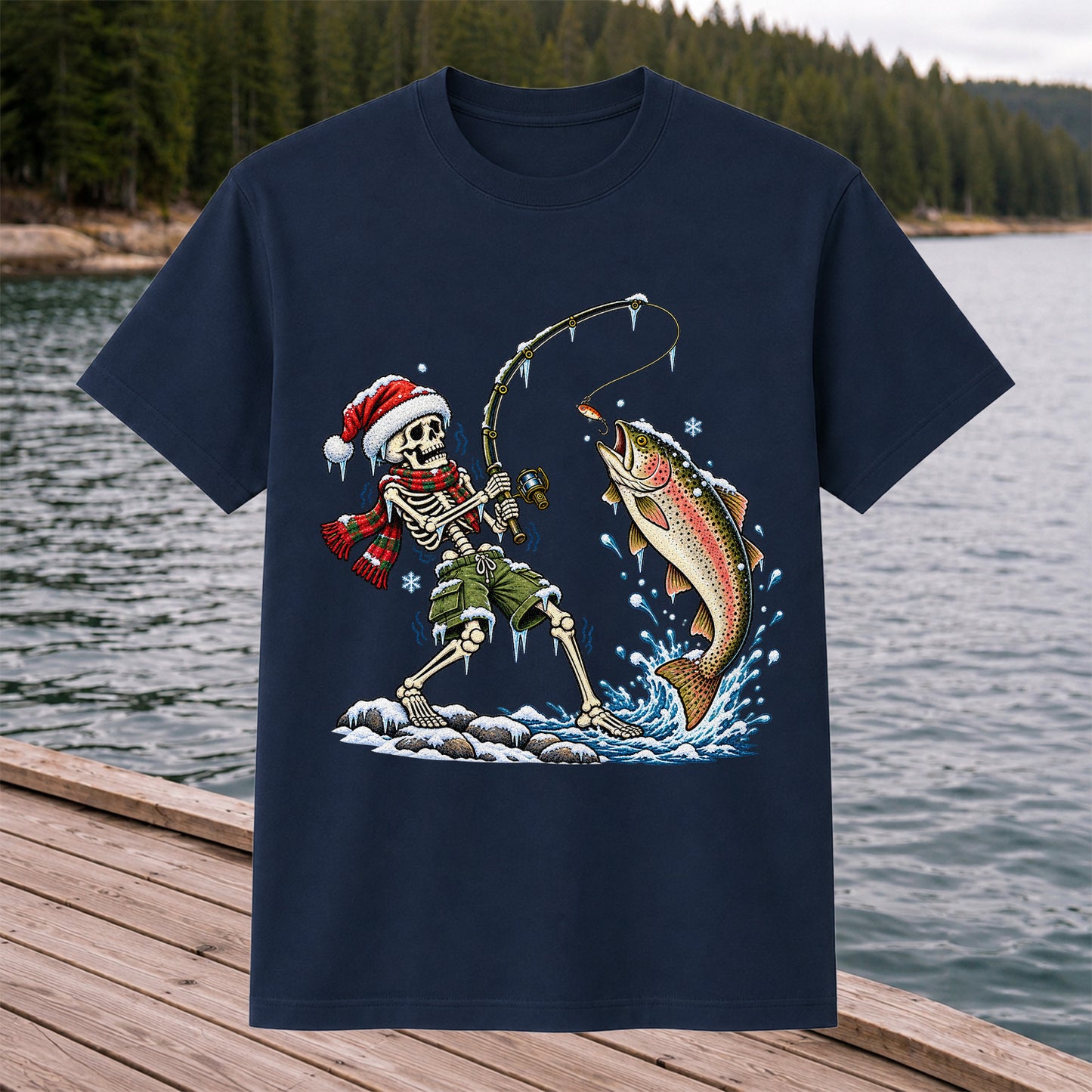 Christmas Skeleton Angler Catching a Rainbow Trout Fishing T-Shirt