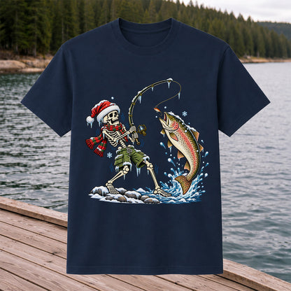 Christmas Skeleton Angler Catching a Rainbow Trout Fishing T-Shirt