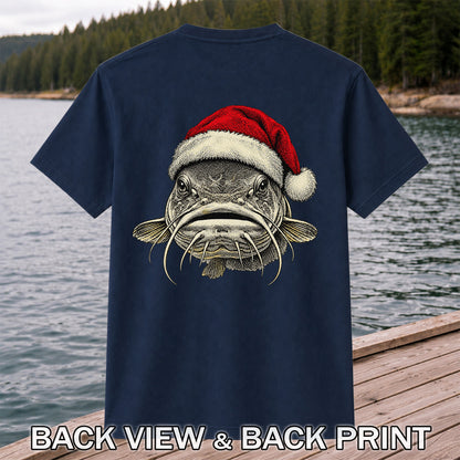 Christmas Catfish Santa Hat Holiday Fishing Graphic T-Shirt | Back Print