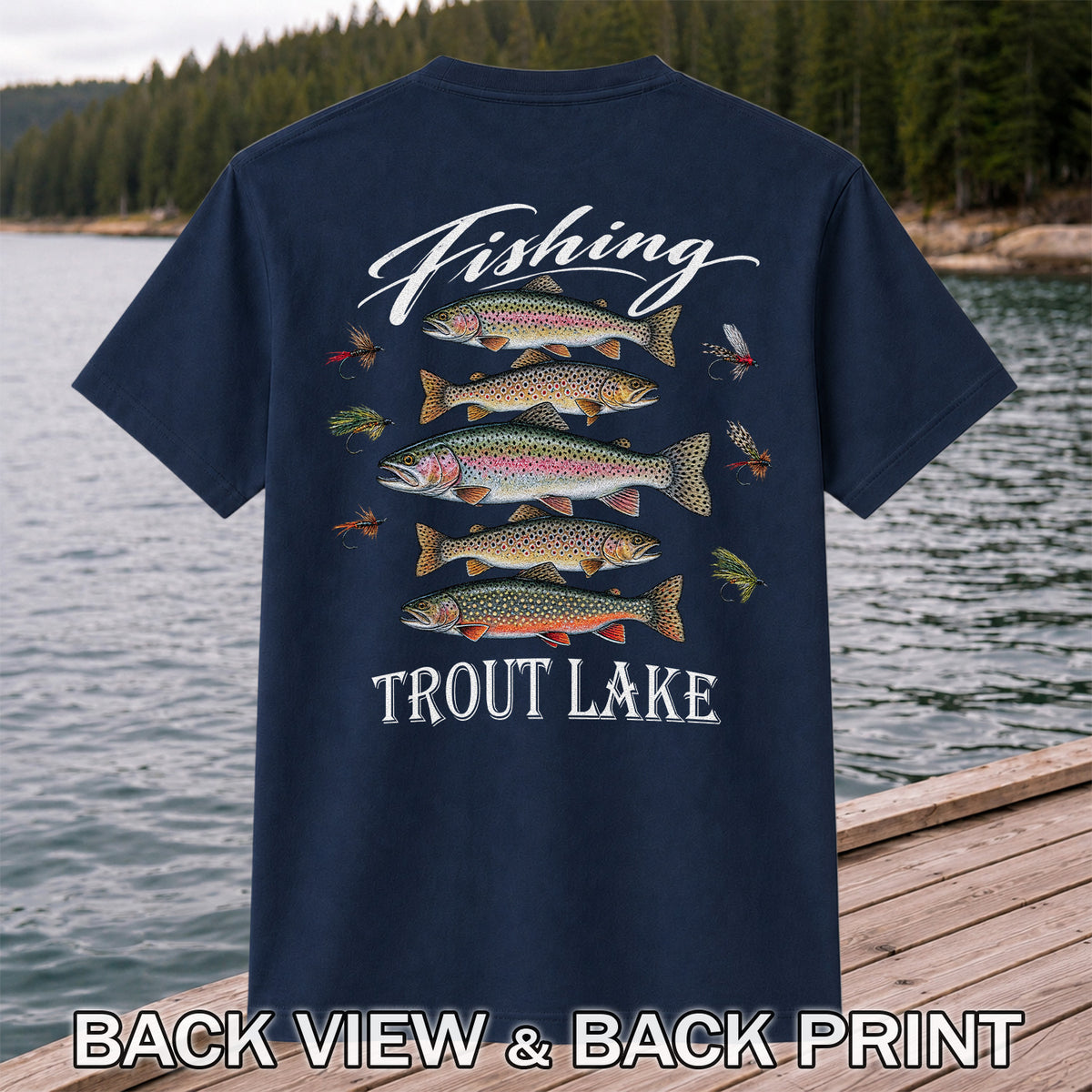Fishing Trout Lake Vintage Trout and Flies Graphic T-Shirt | Back Print