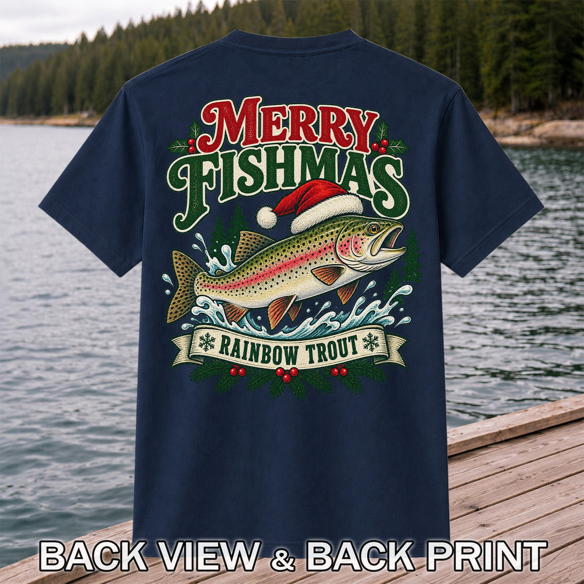 Merry Fishmas Rainbow Trout in Santa Hat Christmas Fishing T-Shirt | Back Print