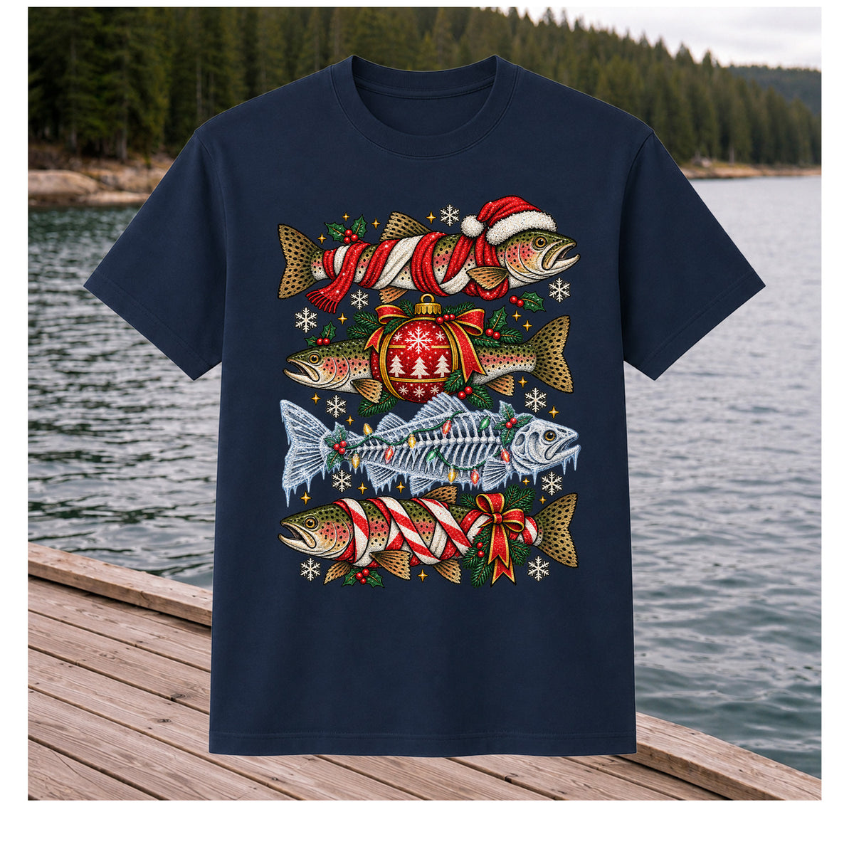 Christmas Rainbow Trout and Fish Skeleton Fishing Graphic T-Shirt