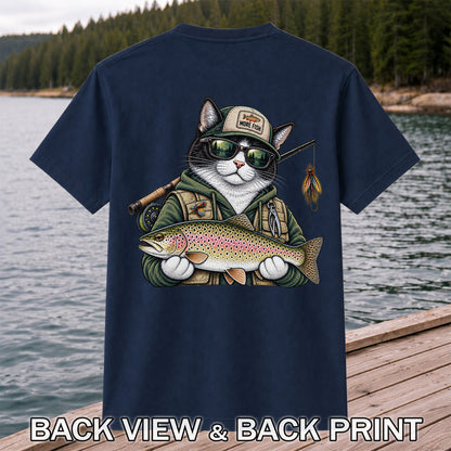 Cat Holding Rainbow Trout Fishing Graphic T-Shirt | Back Print