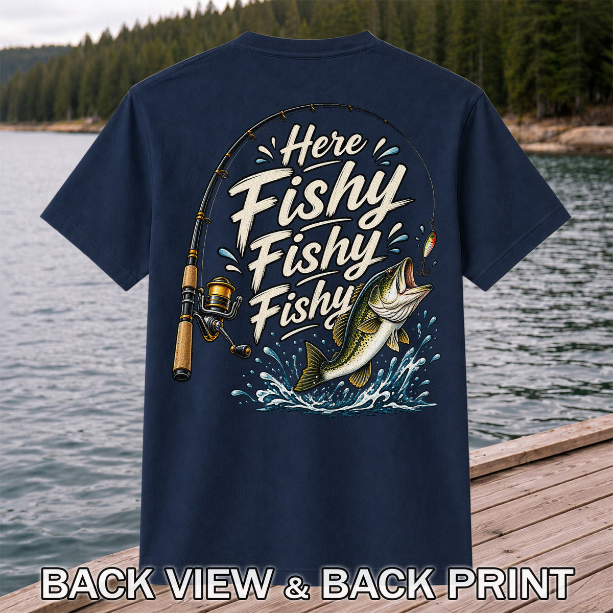 Here Fishy Fishy Fishy Funny Bass Fishing Graphic T-Shirt | Back Print