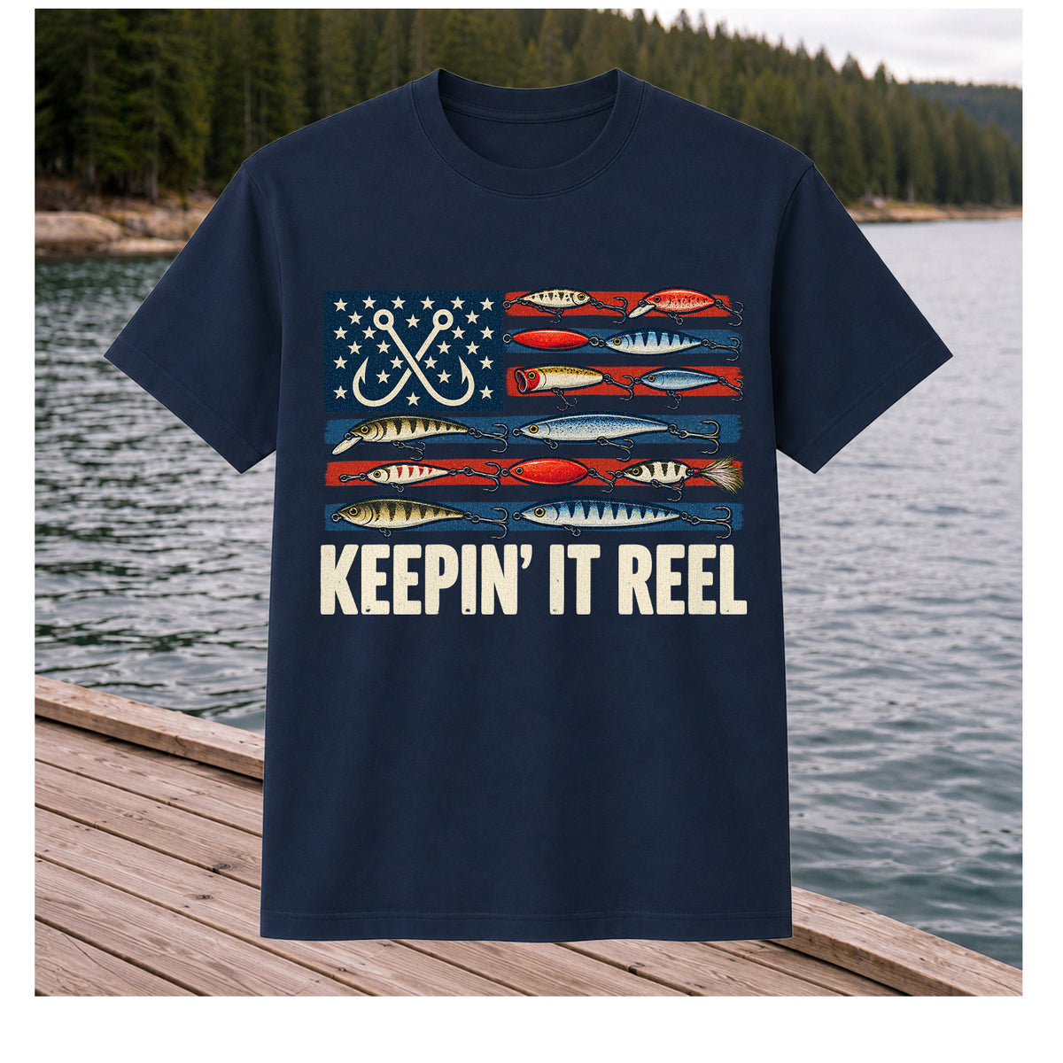 Keepin' It Reel American Flag Fishing Lures Graphic T-Shirt